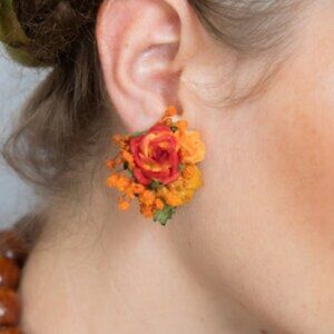 Orange and yellow dried Autumn flower sunset stud earrings
